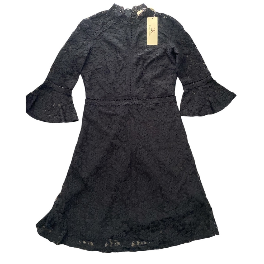 GRACE KARIN BLACK HIGH NECK LACE A-LINE DRESS